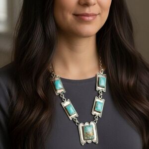 Running Bear Turquoise Sterling Silver Signed Navajo Native American Necklace